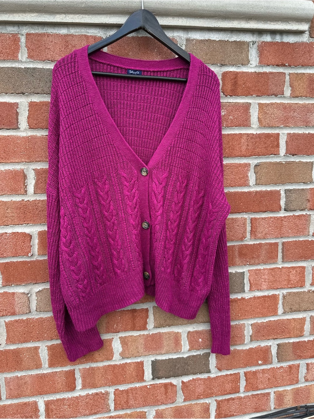Splendid Womens V-Neck Magenta Cable Knit Button Front Cardigan Oversized Size M